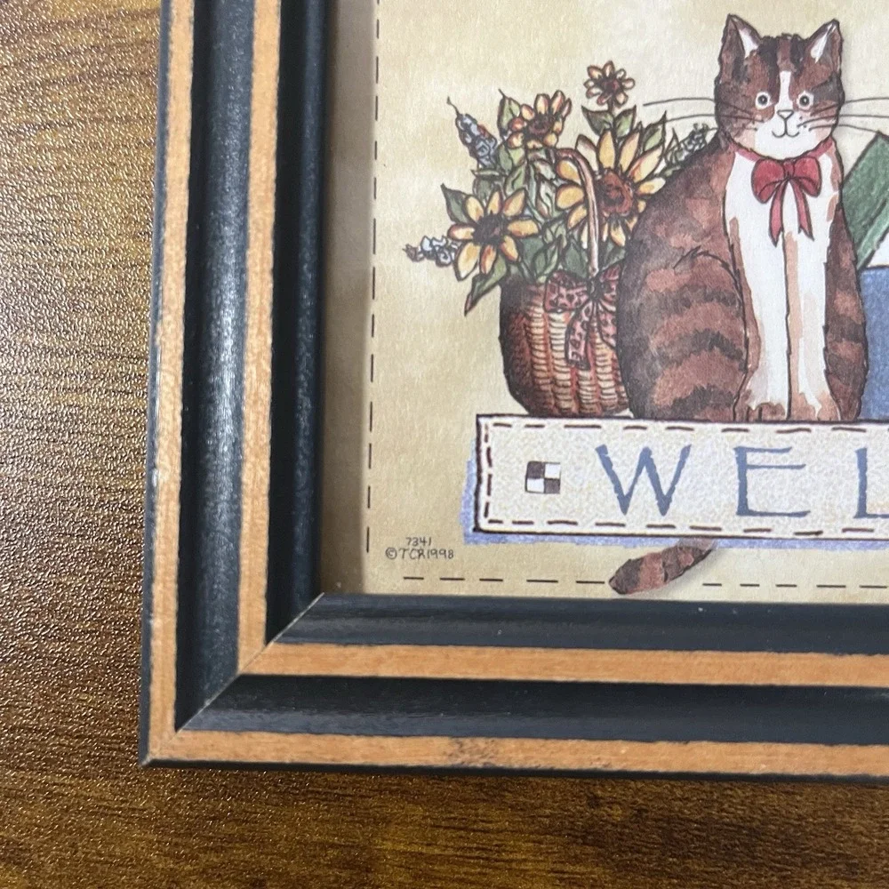 Vintage Primitive Country Folk Art Framed Welcome Cat Bees Garden Bird